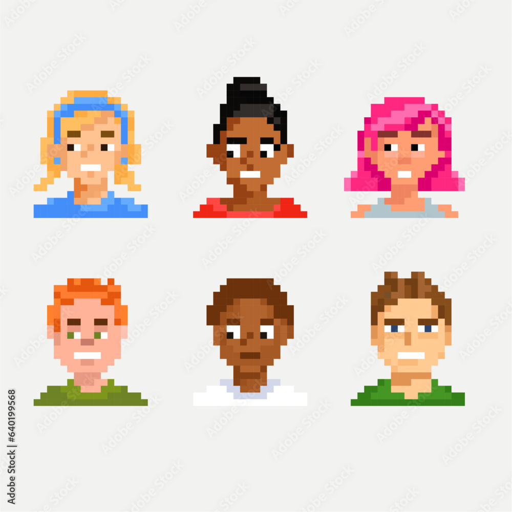 Pixelated Character Design Game pixel avatar. Portrait of a hero of mobile games. collection of 8 ...