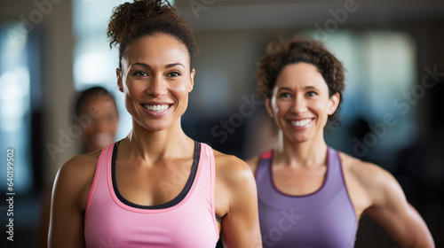 Portrait of young sports women on a group training in a gym © MP Studio