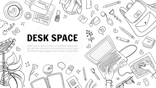 Workplace for graphic designer, artist, developer, business, management and IT. Top View of desk, Laptop, mobile phone, notebook and office supplies on the desktop. Vector doodle line illustration