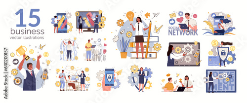 Set of business process concepts. Launch and development, ideas and success, creativity, technology and innovation Creative, determined, purposeful people, men and women Vector characters illustration