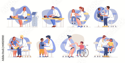 Set of illustrations of medical diagnostics. Examinations of children by neurologist, ophthalmologist, ultrasound, ENT. Pediatrics concept. Vector characters flat cartoon.