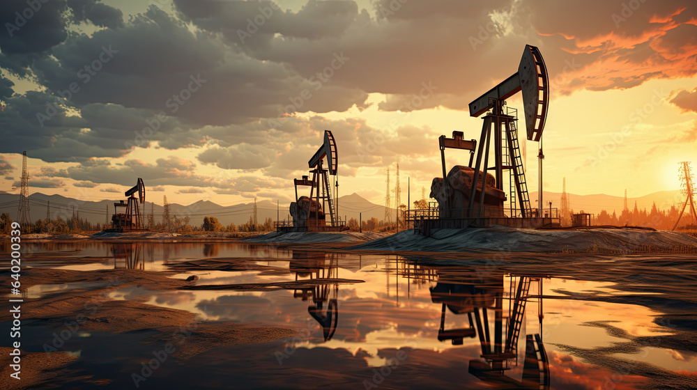 oil rigs at sunset. ECO environmental disaster. oil rigs at sunset. ECO environmental disaster.