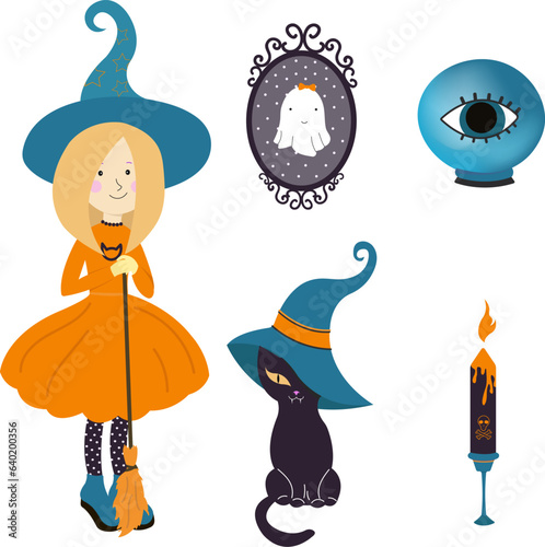 set of halloween illustrations, halloween cartoon cute vector illustrations for children in orange and blue colors, flat halloween iluustrations, witch, black cat, ghost, candle, magic ball photo