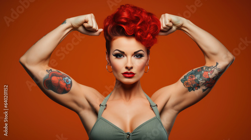 Girl shows off her biceps as a sign of strength. Pinup style