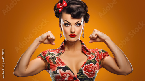 Girl shows off her biceps as a sign of strength. Pinup style