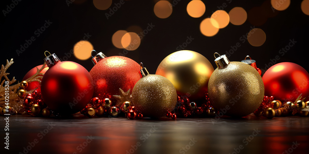 Red ornamental and golden Christmas balls or bauble with confetti, decoration, lights, bokeh. Christmas and New year card. Holidays background. Generative ai. Red ornamental and golden Christmas balls or bauble with confetti, decoration, lights, bokeh. Christmas and New year card. Holidays background. Generative ai.