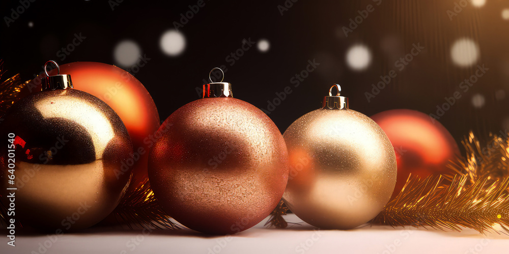 Red ornamental and golden Christmas balls or bauble with confetti, decoration, lights, bokeh. Christmas and New year card. Holidays background. Generative ai. Red ornamental and golden Christmas balls or bauble with confetti, decoration, lights, bokeh. Christmas and New year card. Holidays background. Generative ai.
