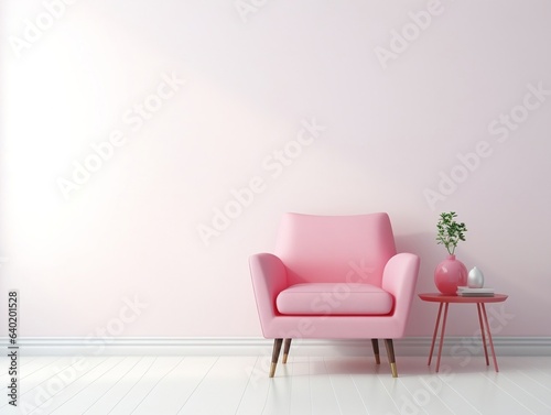 Wall mockup with Pink chair in a white room generative ai