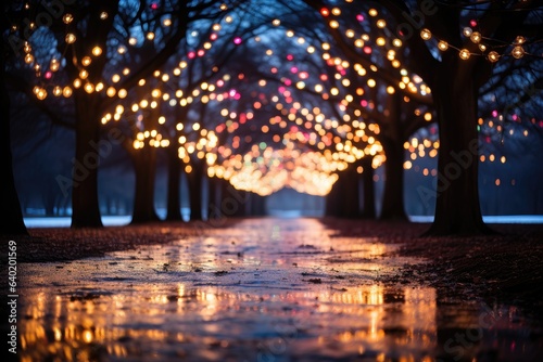 A captivating background image for creative content, featuring enchanting trees glowing alongside a scenic road, creating a ethereal ambiance. Photorealistic illustration, Generative AI