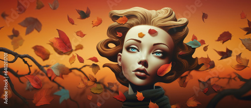 Autumn leaves and a pretty girl with stunning windblown styled hair, at peace with nature, wonderful orange fall season colors of orange and red, cartoon illustration - generative AI