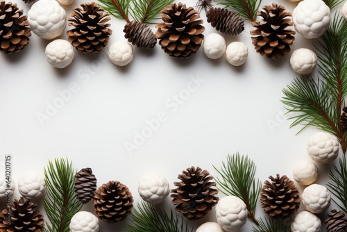 A background image for content creation featuring lush fir branches and rustic pinecones arranged on a pristine white background. Photorealistic illustration, Generative AI