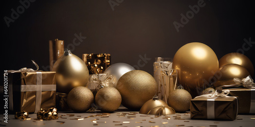 Close up of christmas balls or bauble with confetti, decoration, lights, bokeh. Christmas and New 2024 year card. Holidays background with copy space. Generative ai.