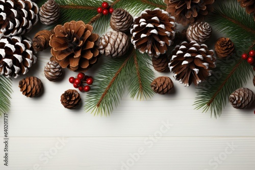 A background image for creative content featuring fir branches and pinecones positioned at the top, leaving a blank space at the bottom for customization. Photorealistic illustration, Generative AI