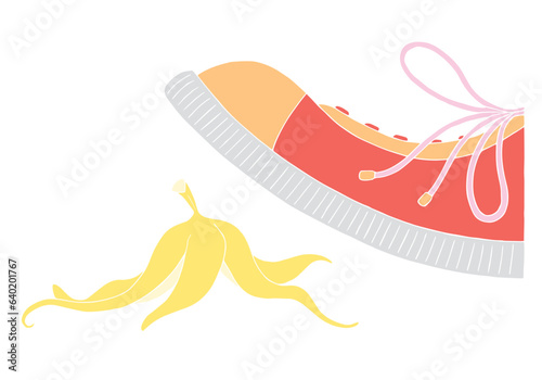 A person steps on a banana peel. Man stepping on banana. Concept of failure and problems.