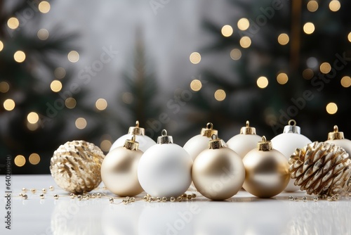 A Christmas-themed background image showcasing gold and white baubles placed on a white table. Photorealistic illustration  Generative AI