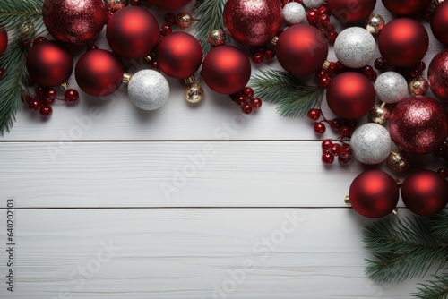 A Christmas-themed background image, adorned with baubles and fir branches framing the edges, while the bottom half is left for customization. Photorealistic illustration, Generative AI