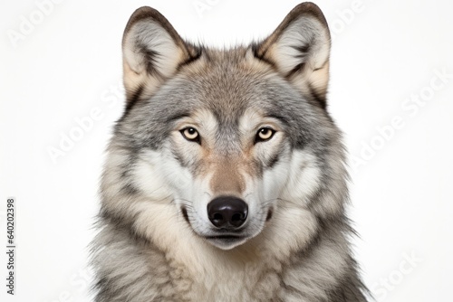 Wild wolf portrait on white landscape. Strong arctic predator  young and untamed.