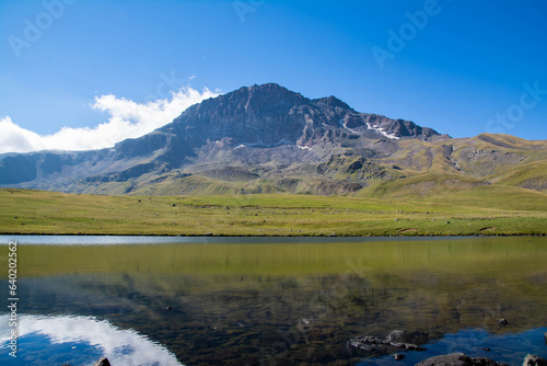 Small lake on top of a mountain. Crystal clear lake and mountain. Beautiful landscape with lake, fields and mountain © Artur Harutyunyan