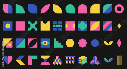 Set of abstract geometric shapes. Inspired by brutalism, Swiss minimalism, Bauhaus. Simple design elements for advertising. Bright Color vector design elements isolated on white