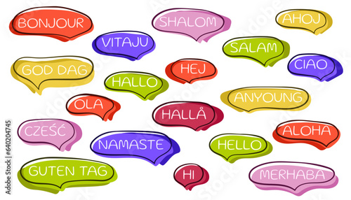 World hello day November 21 in line art style. Speech bubbles. Different languages of world hello collection. Icons for social media, stickers or label. Vector illustration isolated on a white