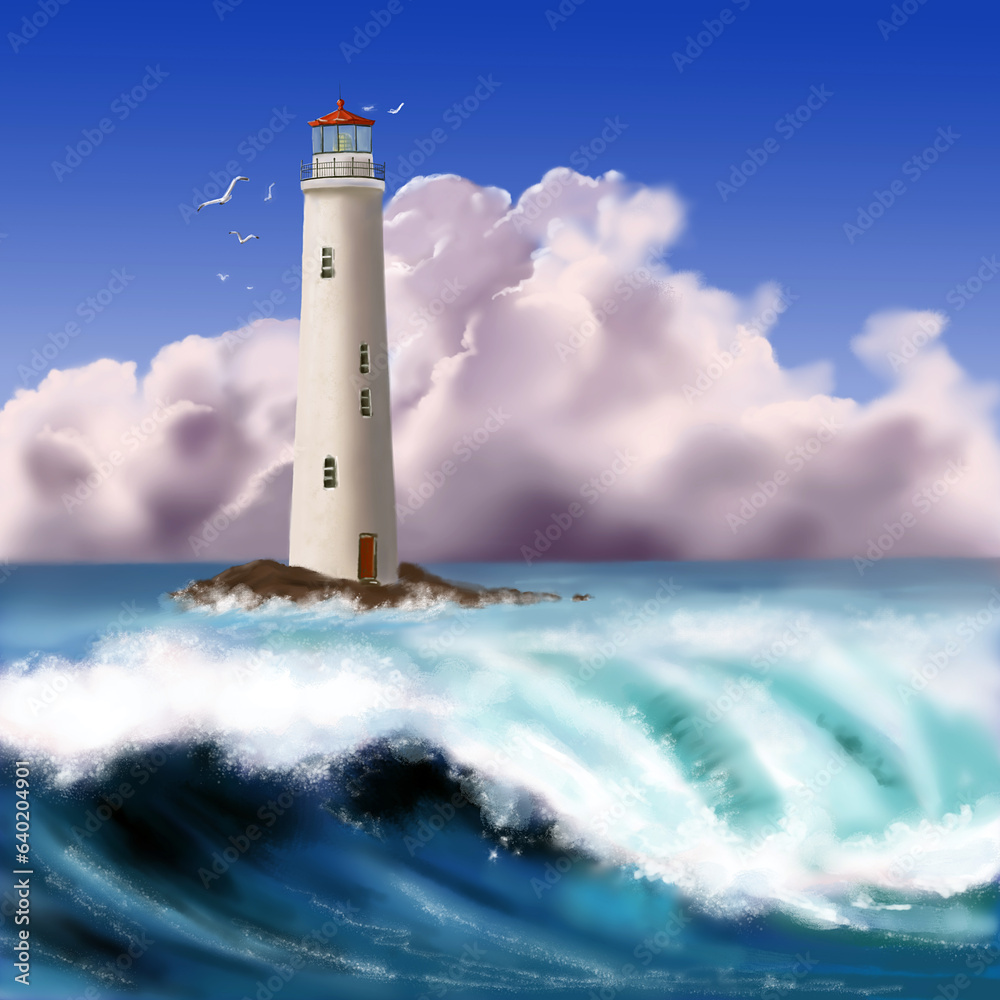 Digital illustration of a blue ocean with foamy waves in the foreground, a white lighthouse on a small rocky island and fluffy white clouds on the horizon