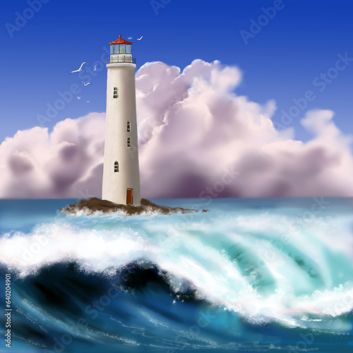 Digital illustration of a blue ocean with foamy waves in the foreground, a white lighthouse on a small rocky island and fluffy white clouds on the horizon