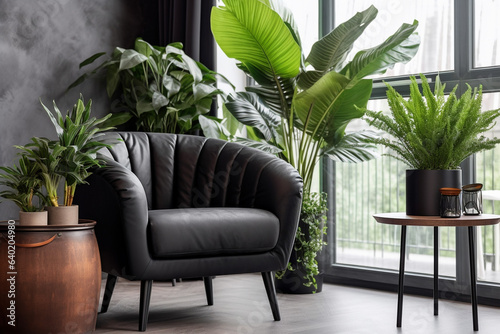 Black leather armchair and plants near the window and sunlight