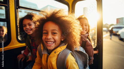 Portrait of elementary grade children sitting in school bus. Yellow bus taking children on sunny autumn day. Back to school concept. © okfoto