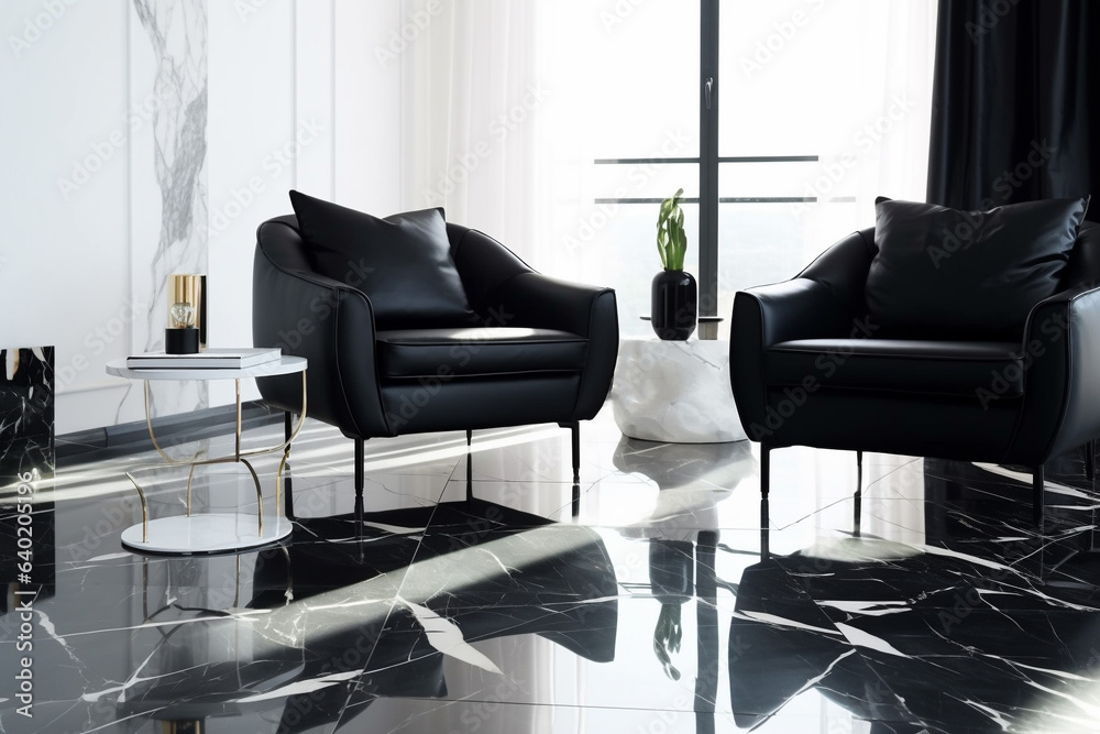 Interior of modern room with white walls, marble floor, comfortable black armchair and table