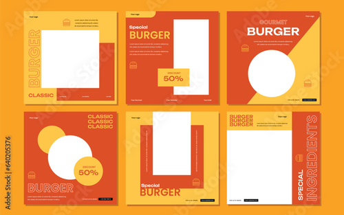 Set of Editable square banner template design for food post on instagram. Suitable for Social Media Post restaurant and culinary digital Promotion. Red and Yellow background color shape vector.