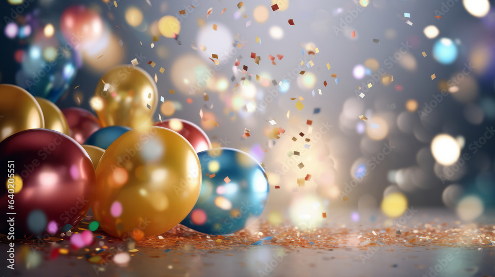 New Year celebration Festive background with falling confetti, balloons and bokeh lights. New Year celebration Festive background with falling confetti, balloons and bokeh lights.
