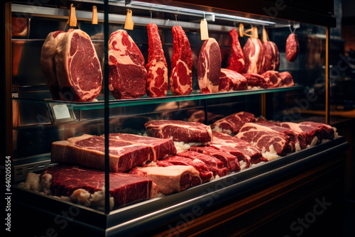 Showcase with raw meat in a butcher shop