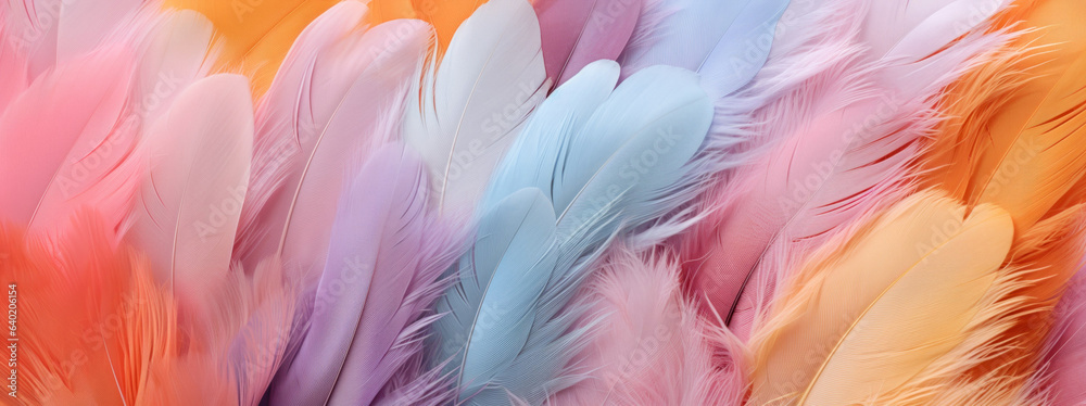 Pastel color feather pattern background. Close up to bright colorful feathers background. Soft gentle feather design background