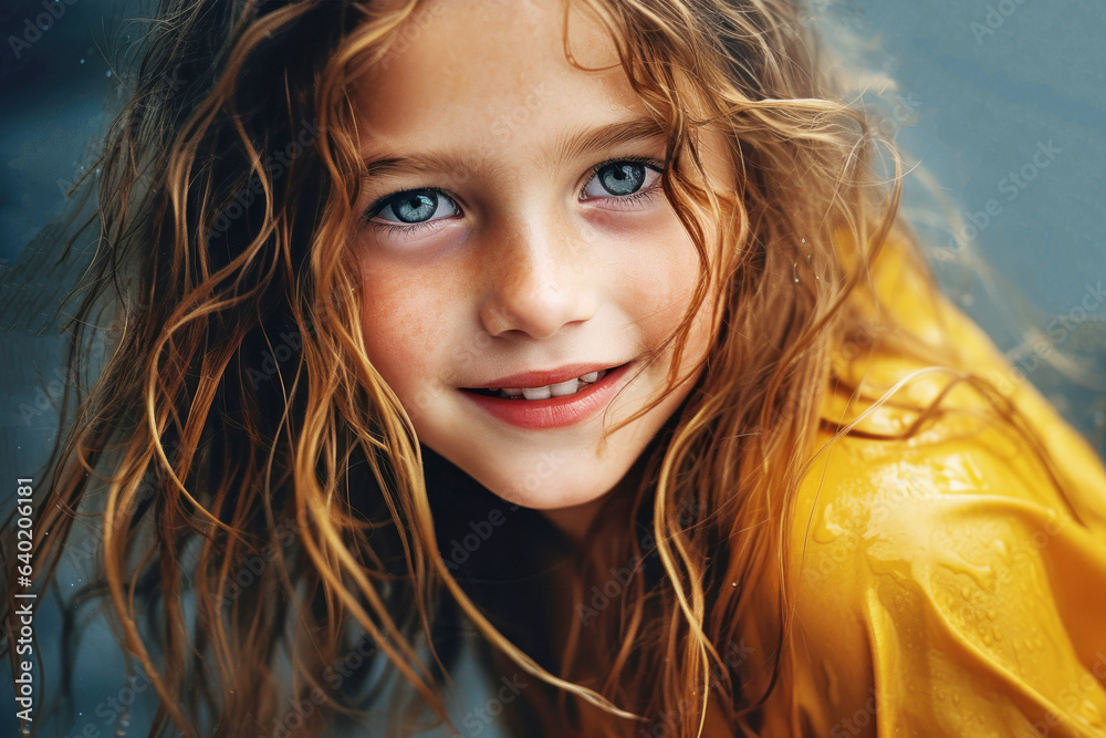 Fototapeta premium Rainy day little girl outdoors. Post processed AI generated image