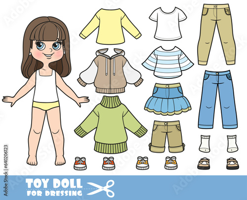 Cartoon brunette girl  and clothes separately -  long sleeves, shirts, skirt,  jeans and sneakers doll for dressing