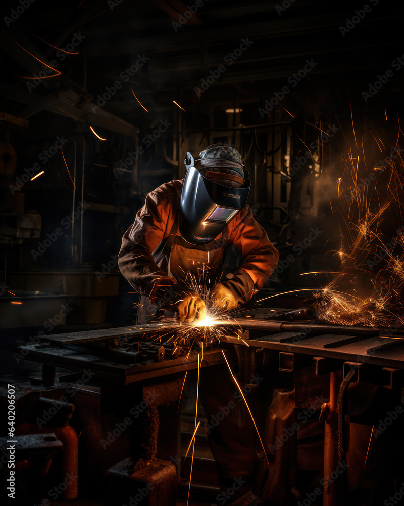 Welding work in a factory, a male welder welds steel