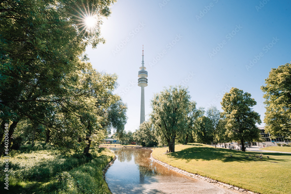 Naklejka premium View of Olympia Park with Olympia Tower Olympiaturm in Munich, Bavaria Germany