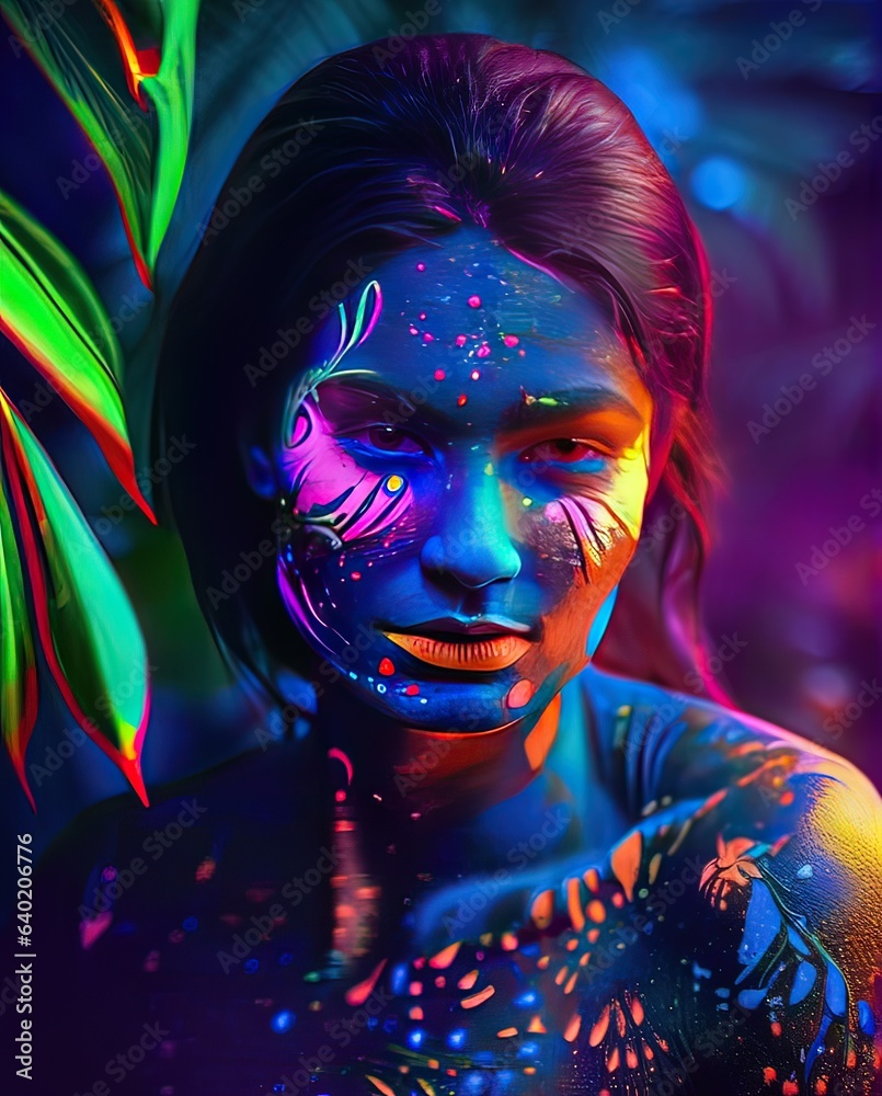 Luminescent Beauty: Woman with Striking Blacklight Makeup