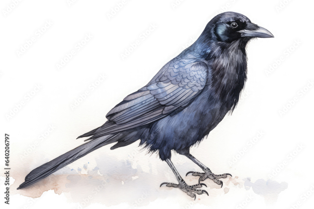 Detailed watercolor illustration of a crow on a white background. Detailed watercolor illustration of a crow on a white background.