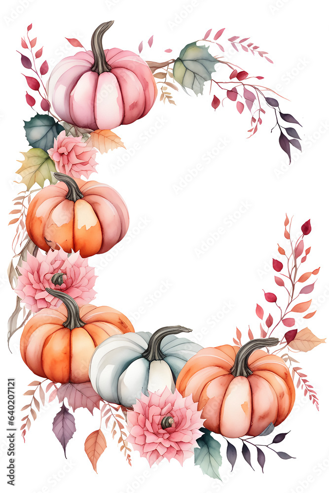 Watercolor Autumn Frame of Pink Pumpkins Watercolor Autumn Frame of Pink Pumpkins