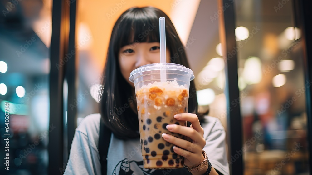 Young Asian people drinking tapioca bubbles milk tea. Trendy cold teenager drink with tapioca balls.