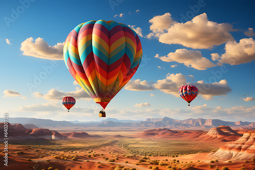 Several people using colorful hot air balloons flying in the bright blue sky.