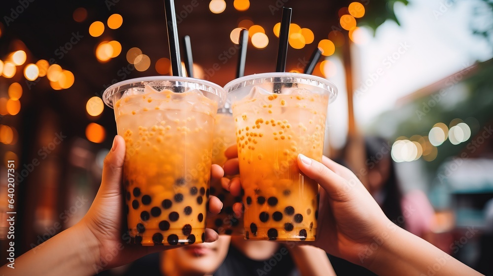 Closeup hand holding Asian drink tapioca bubbles milk tea.