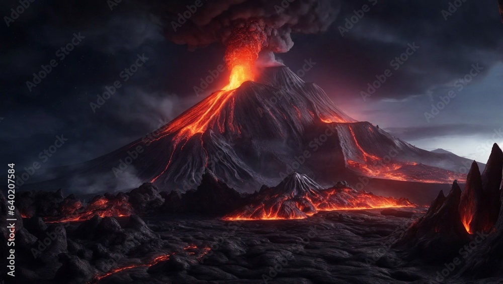 Night landscape with volcano lava