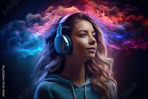 Young woman with headphones, sound waves materializing around her - Sonic Aura - AI Generated