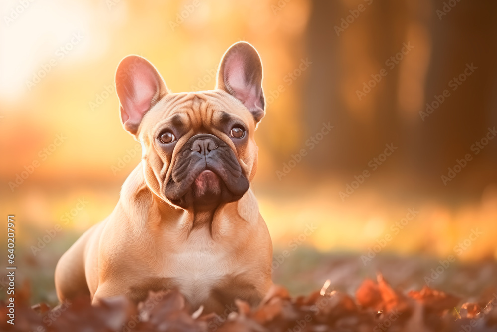 French bulldog dog on a natural background. A walk in the park