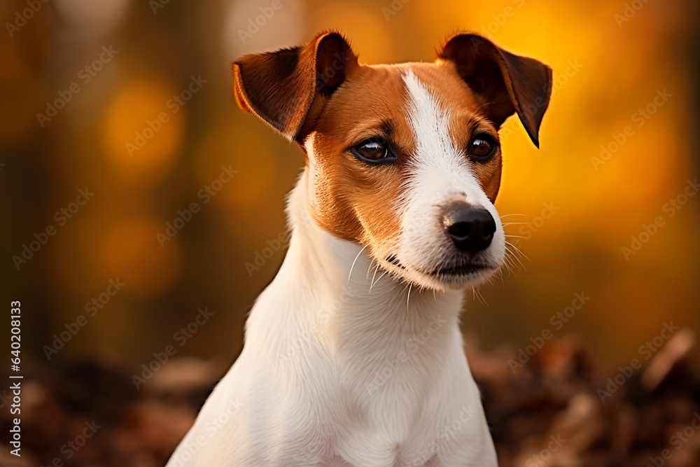 Beautiful dog Jack Russell on a beautiful natural background. Dog on a walk in the park