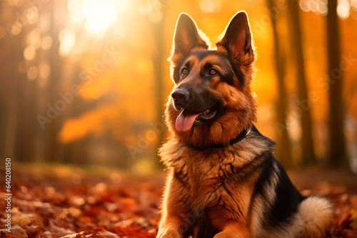 A dog of the German Shepherd breed on a natural background. A dog on a walk in the park