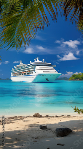 Fotografia Passenger cruise ship near tropical paradise island, sea cruise vacation