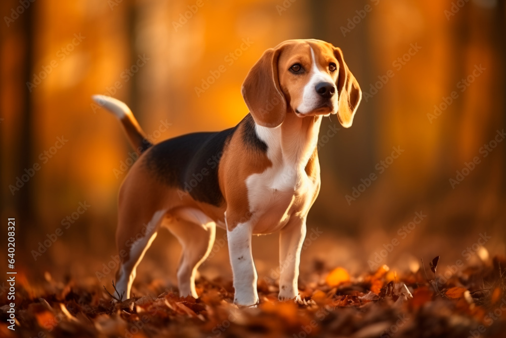 A beagle dog on a natural background. A dog on a walk in the park